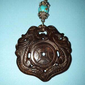 Impressive Vintage 925 Silver Natural Brown Jade Double Phoenix Amulet Necklace